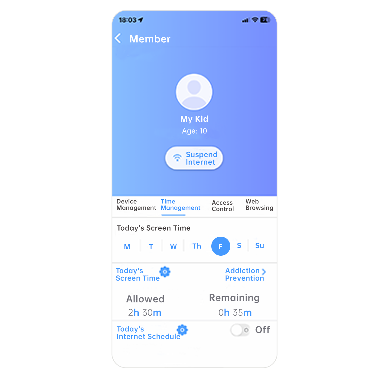 X-Portal app — daily screen time allowance, remaining time, internet schedule and addiction prevention for a child's profile