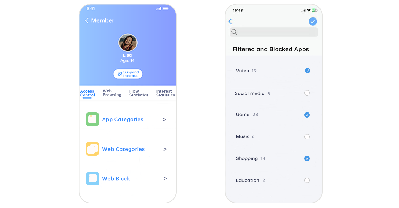 X-Portal app — access control with app categories, web categories and web block, and a list of filtered and blocked app categories